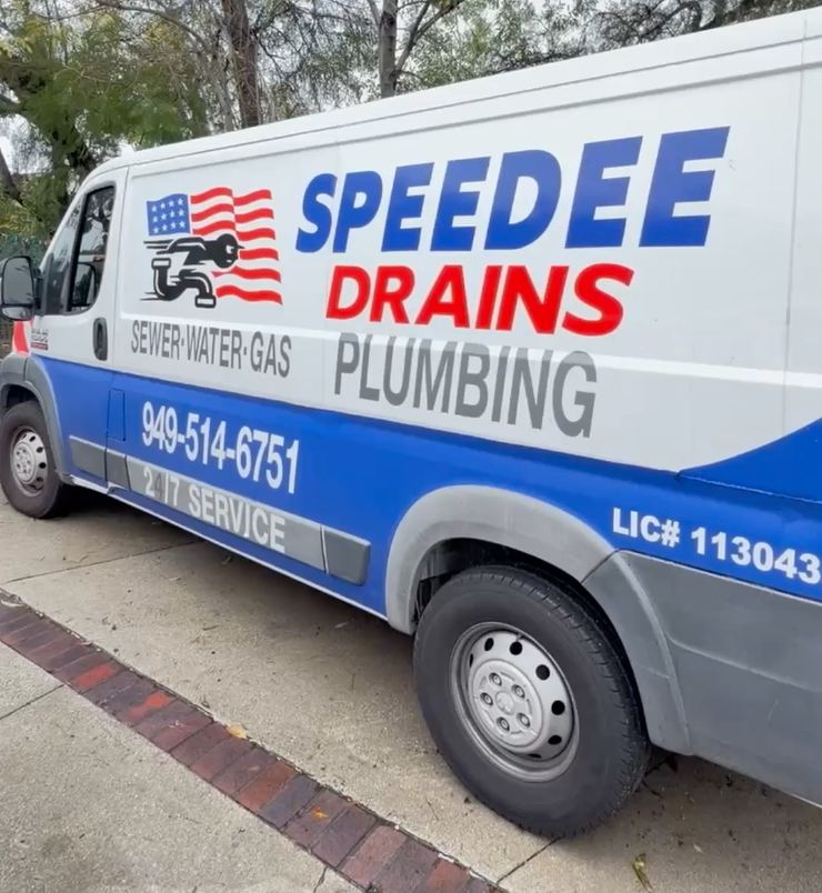 SpeeDee Drains and Plumbing service van parked curbside in Orange County, CA